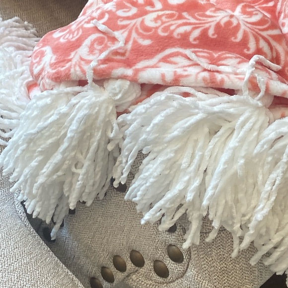 NEW! Shabby Chic Creamy White Pink Toile Paisley Tassel THROW Blanket - Picture 3 of 7
